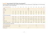 Measurement chart for dress sizes with imperial measurements and fabric requirements.