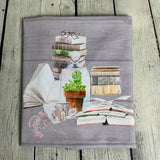 Panneau Jersey coton / élasthanne Livre plante lecture fond imitation bois gris